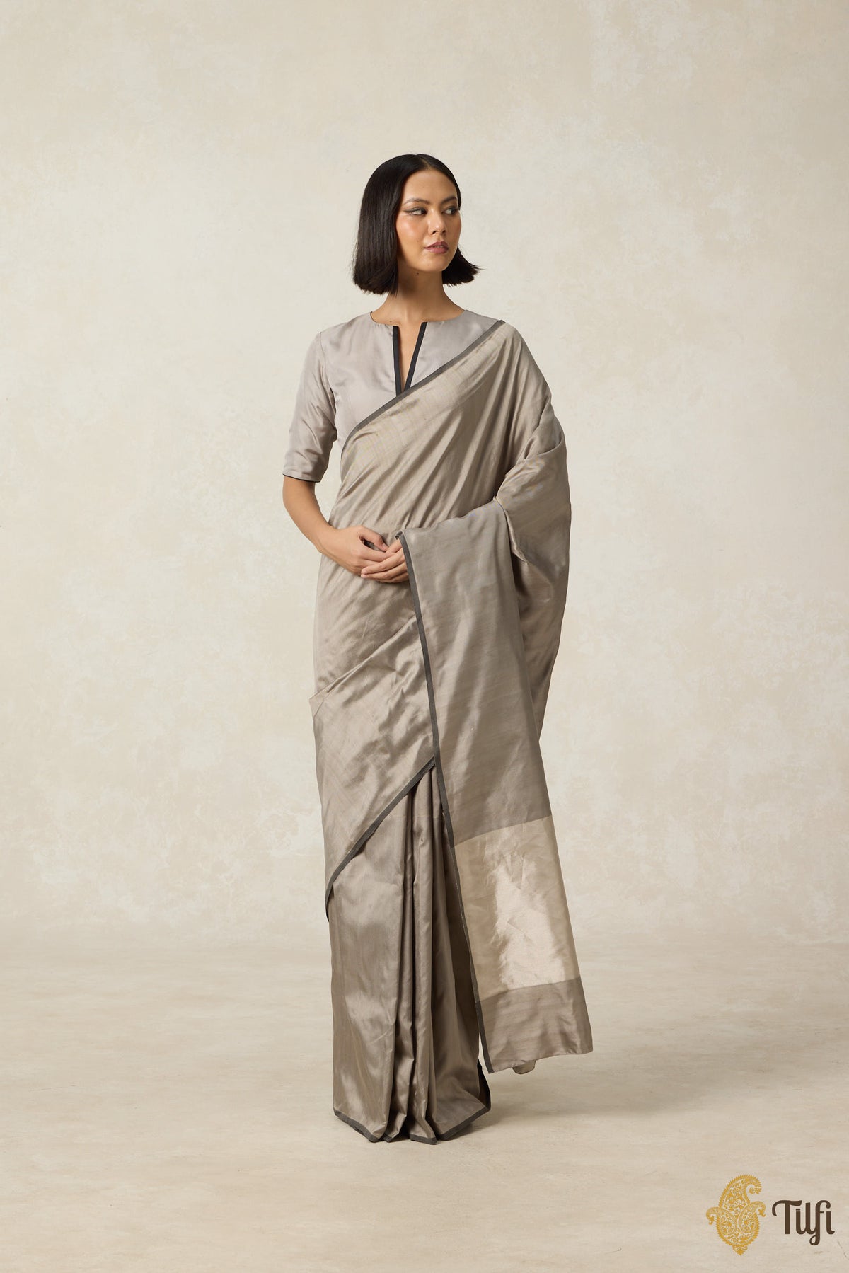 &#39;Symphony&#39; Grey-Beige Pure Silk Twill Banarasi Handloom Saree