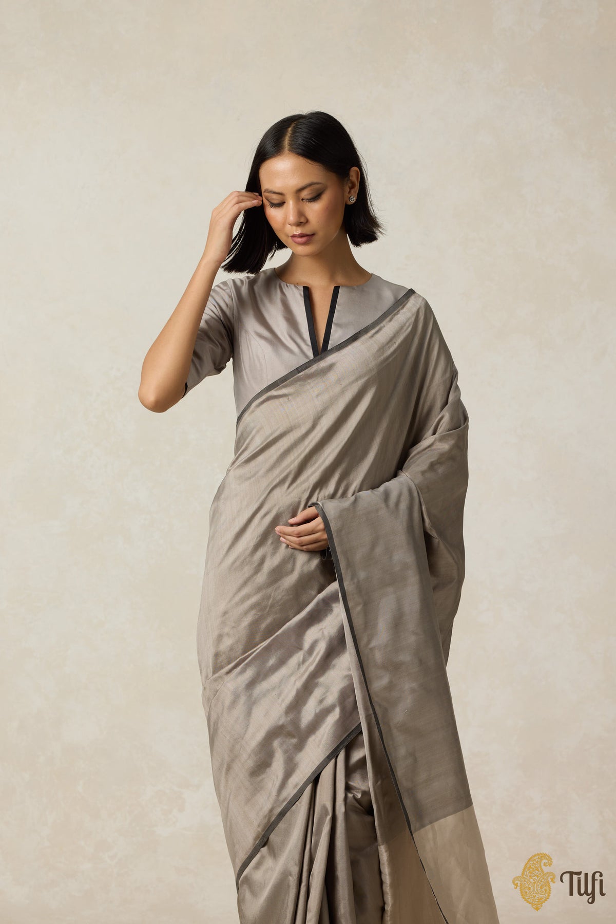 &#39;Symphony&#39; Grey-Beige Pure Silk Twill Banarasi Handloom Saree