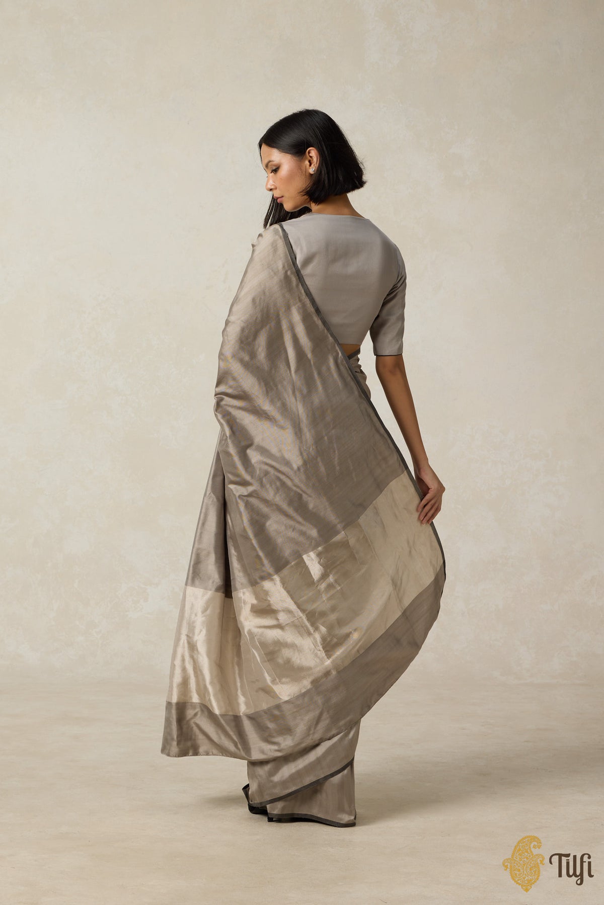 &#39;Symphony&#39; Grey-Beige Pure Silk Twill Banarasi Handloom Saree