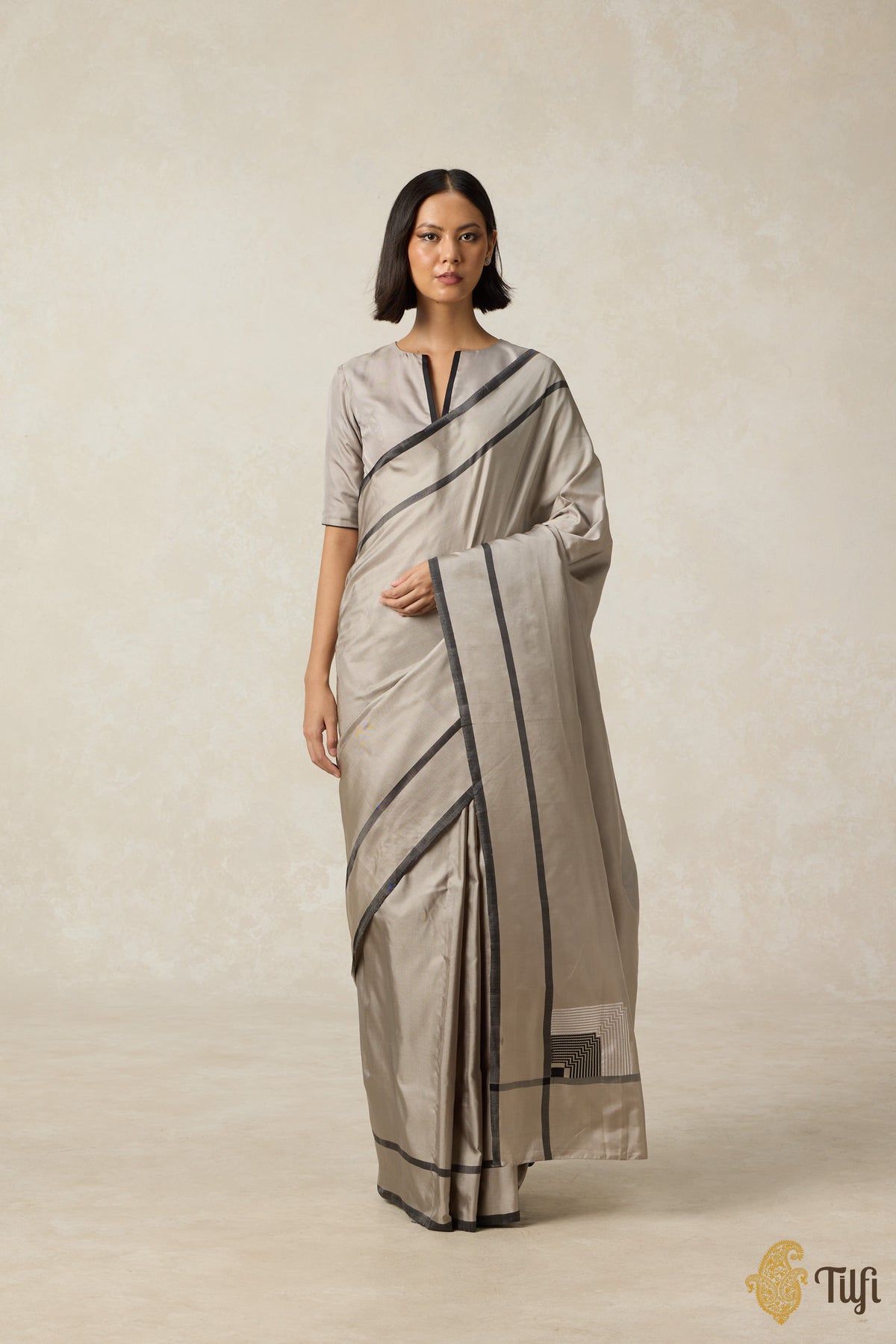 &#39;Concerto&#39; Taupe Grey-Black Pure Silk Twill Banarasi Handloom Saree