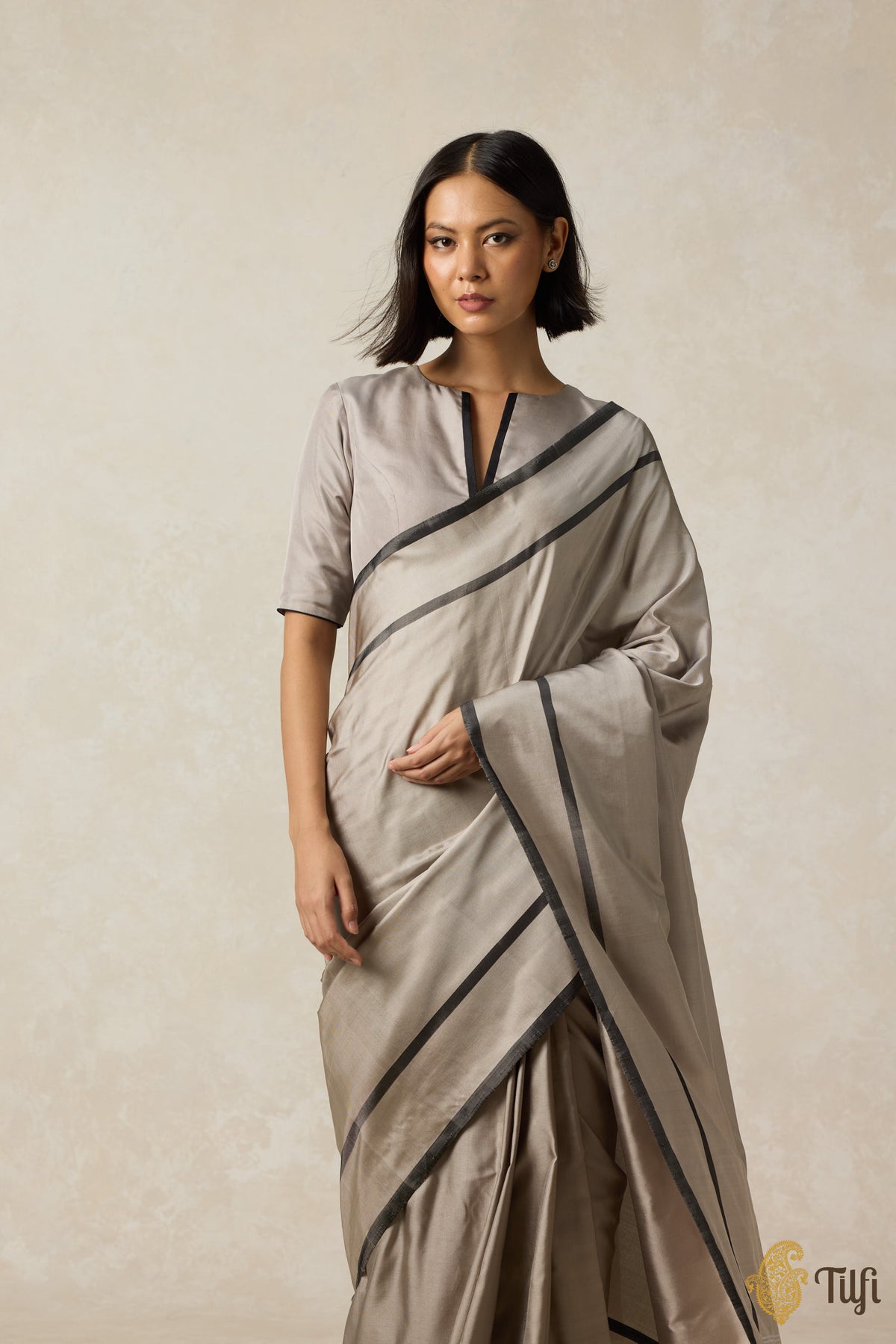 &#39;Concerto&#39; Taupe Grey-Black Pure Silk Twill Banarasi Handloom Saree