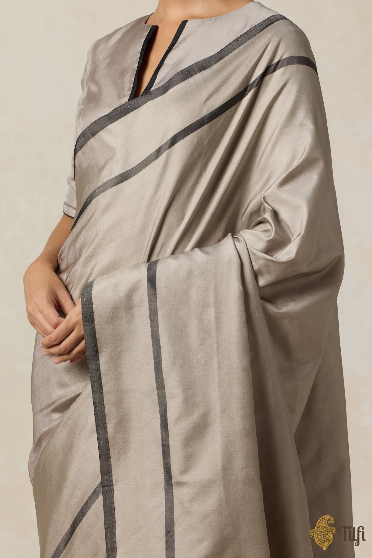 &#39;Concerto&#39; Taupe Grey-Black Pure Silk Twill Banarasi Handloom Saree