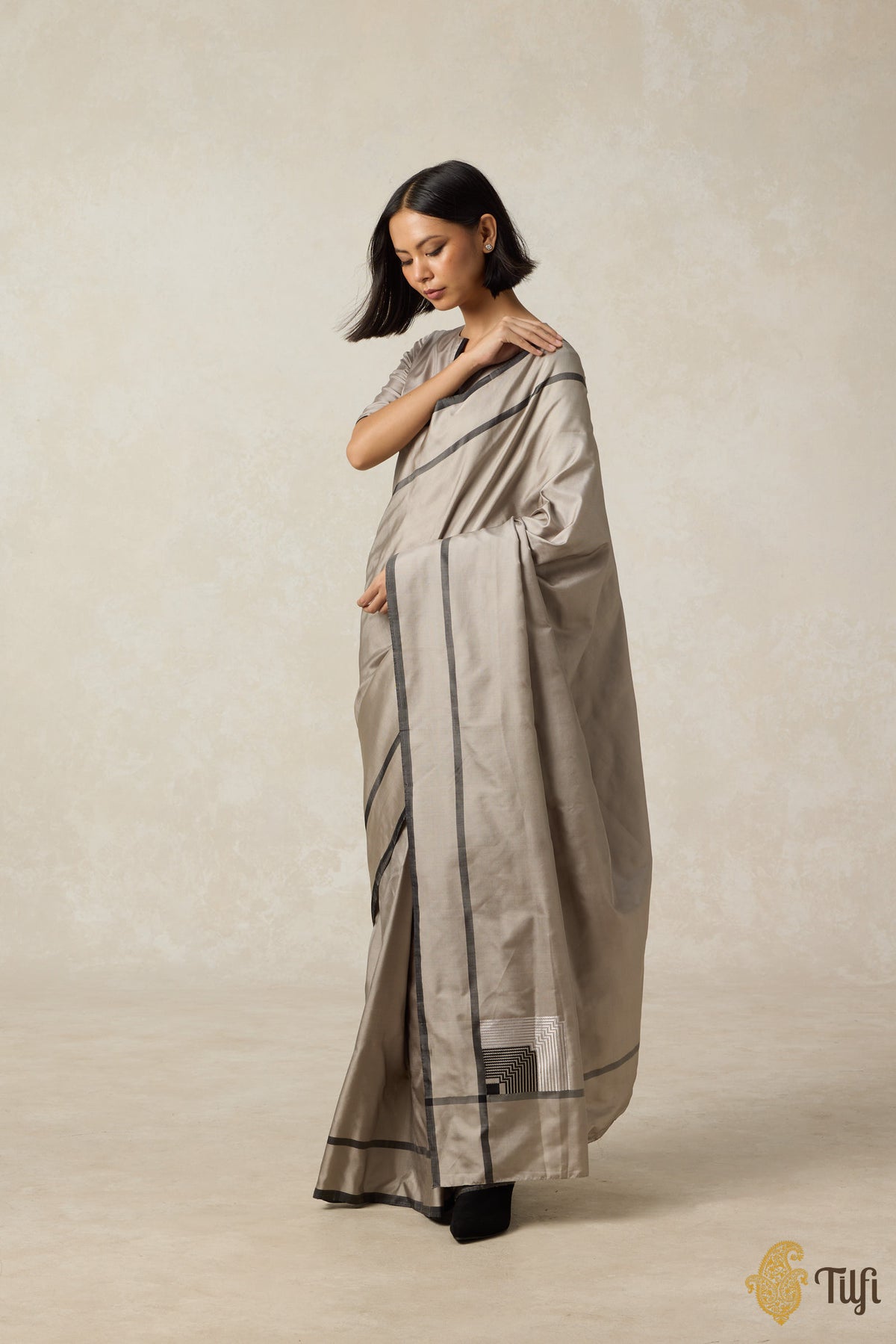 &#39;Concerto&#39; Taupe Grey-Black Pure Silk Twill Banarasi Handloom Saree