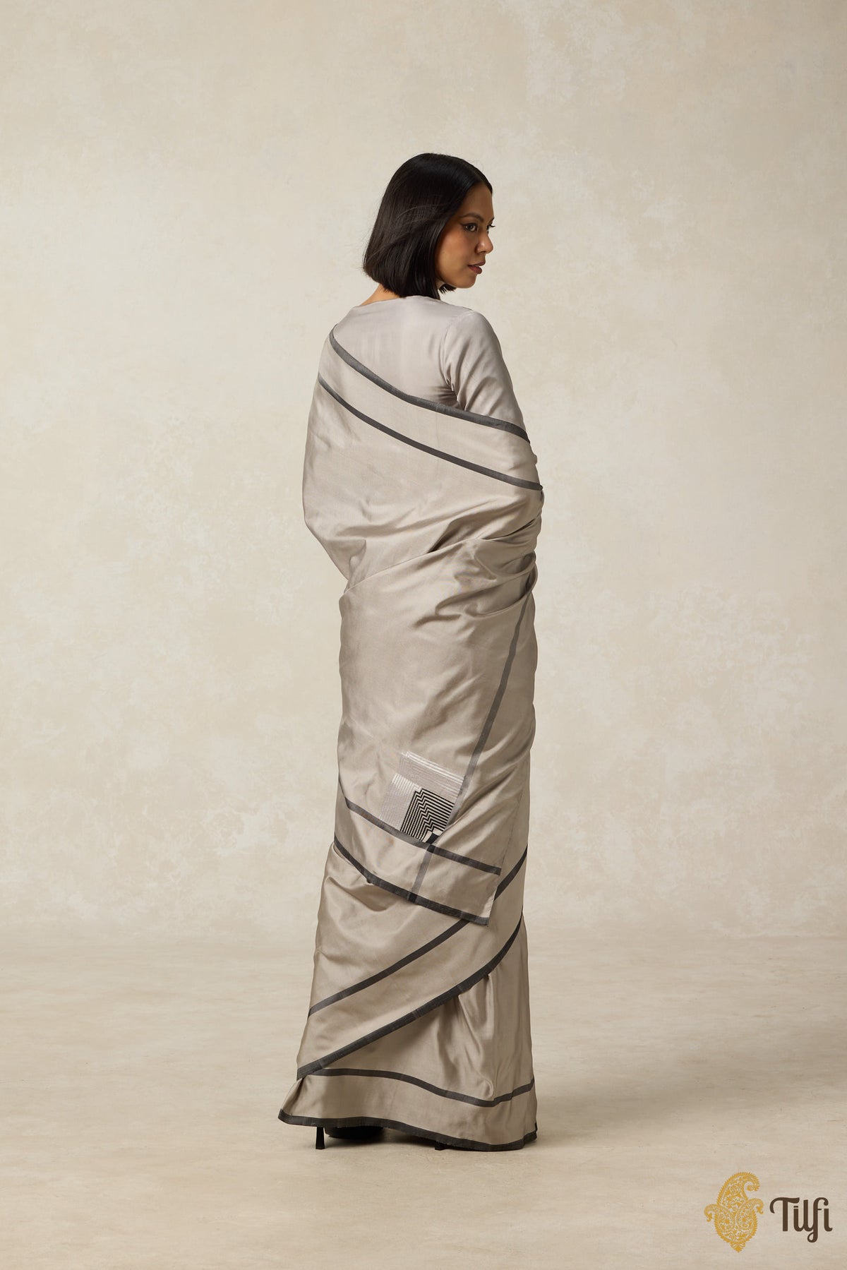 &#39;Concerto&#39; Taupe Grey-Black Pure Silk Twill Banarasi Handloom Saree