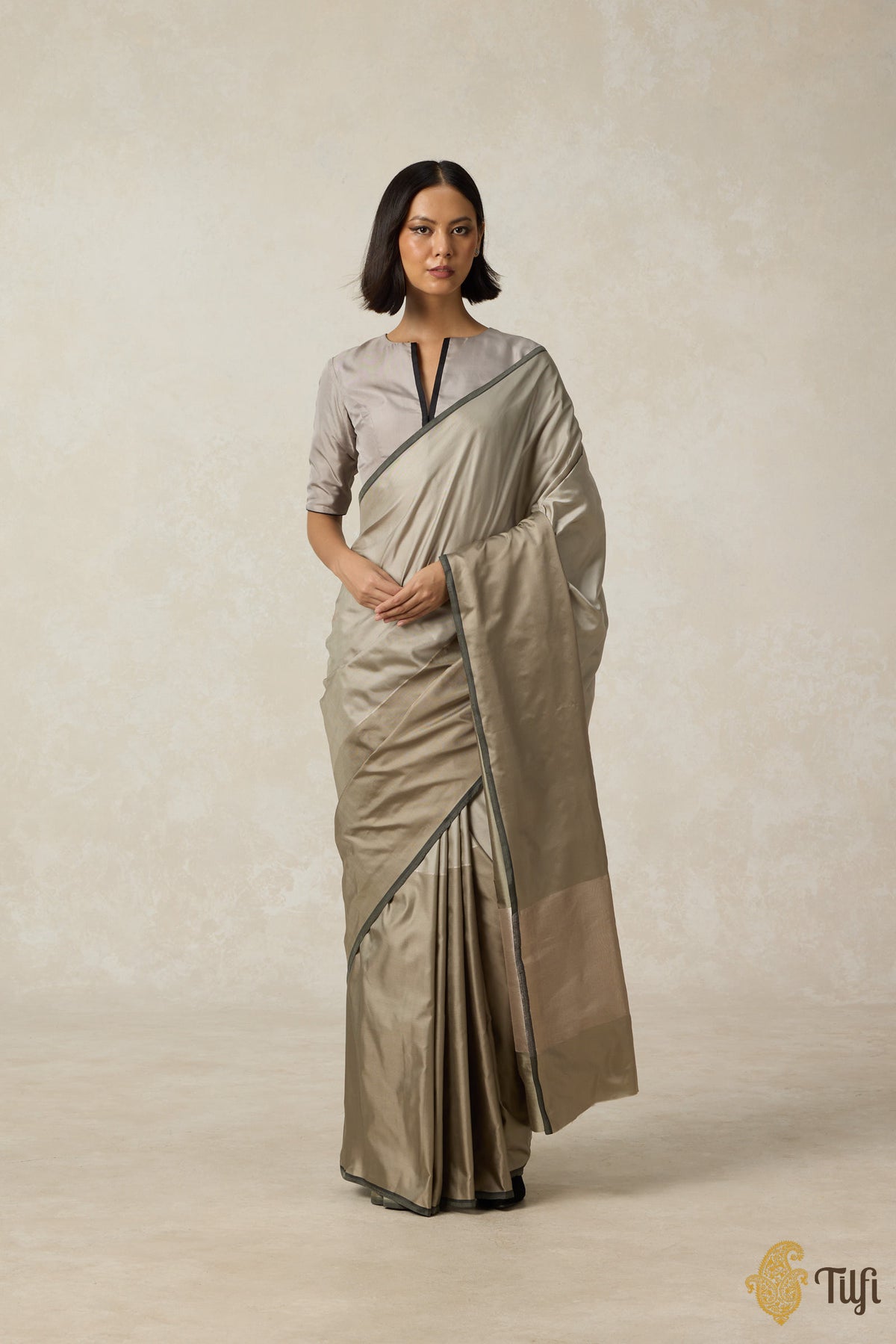 &#39;Serenade&#39; Sage-Grey Pure Silk Twill Banarasi Handloom Saree