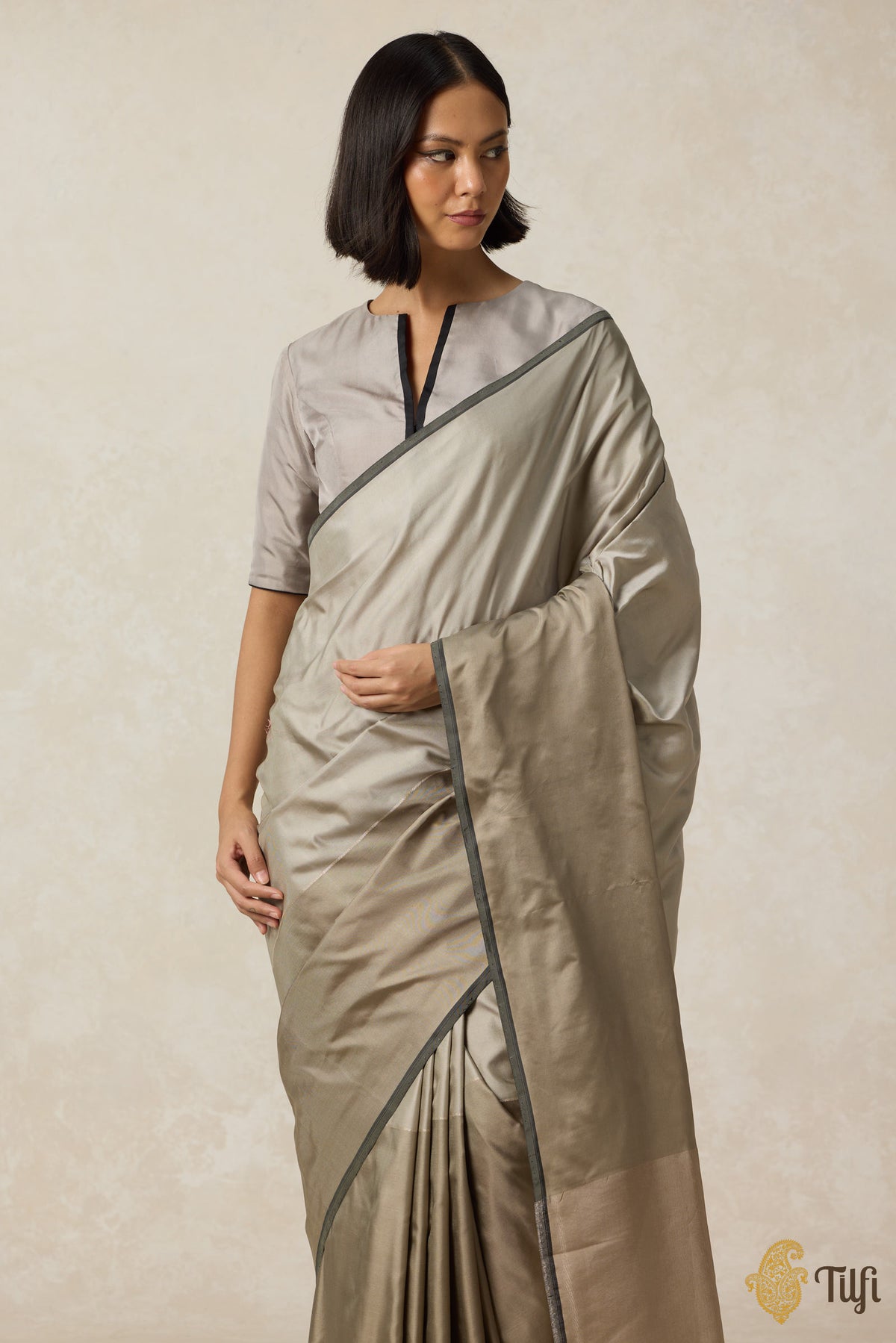 &#39;Serenade&#39; Sage-Grey Pure Silk Twill Banarasi Handloom Saree