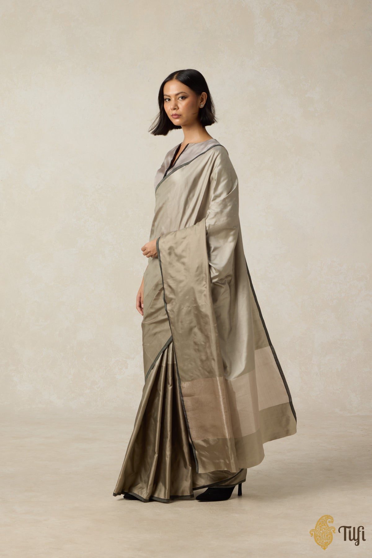 &#39;Serenade&#39; Sage-Grey Pure Silk Twill Banarasi Handloom Saree