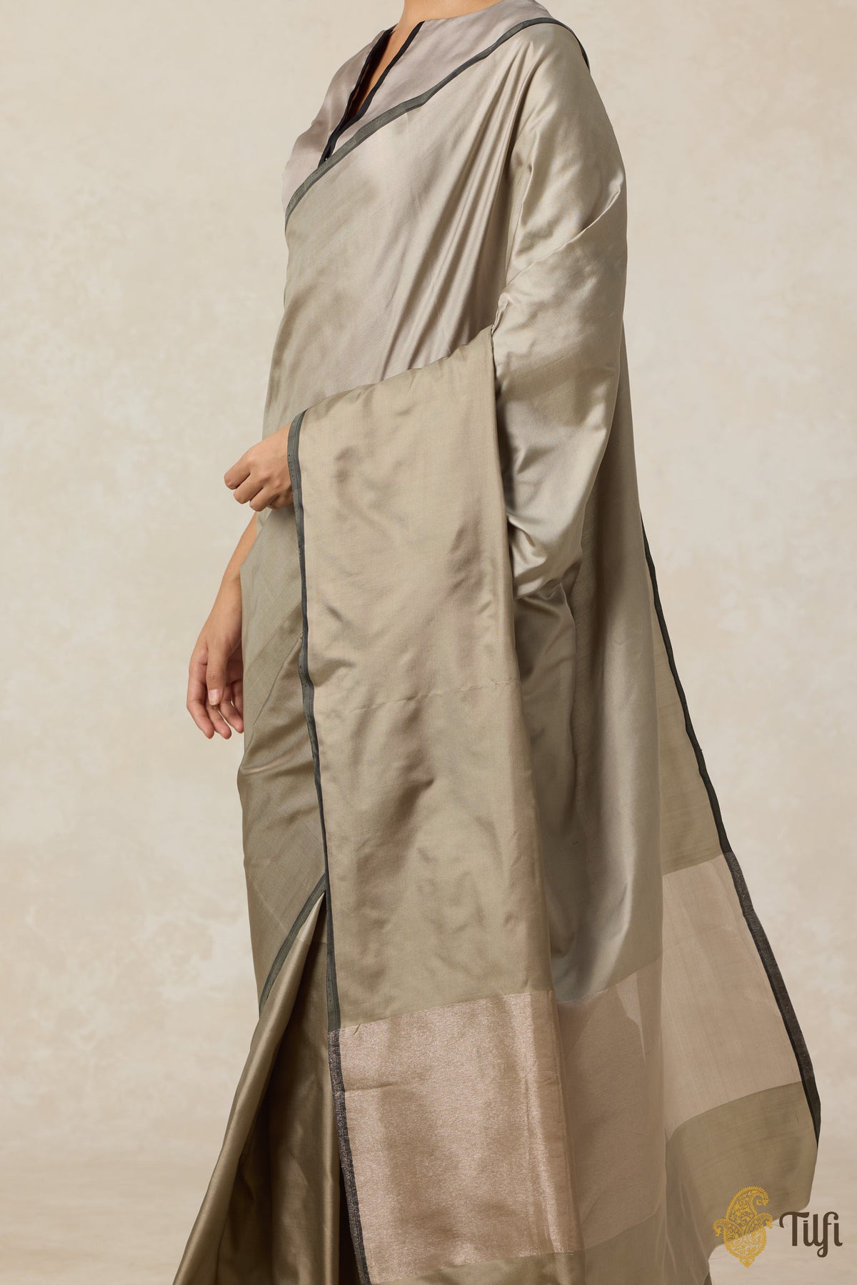 &#39;Serenade&#39; Sage-Grey Pure Silk Twill Banarasi Handloom Saree