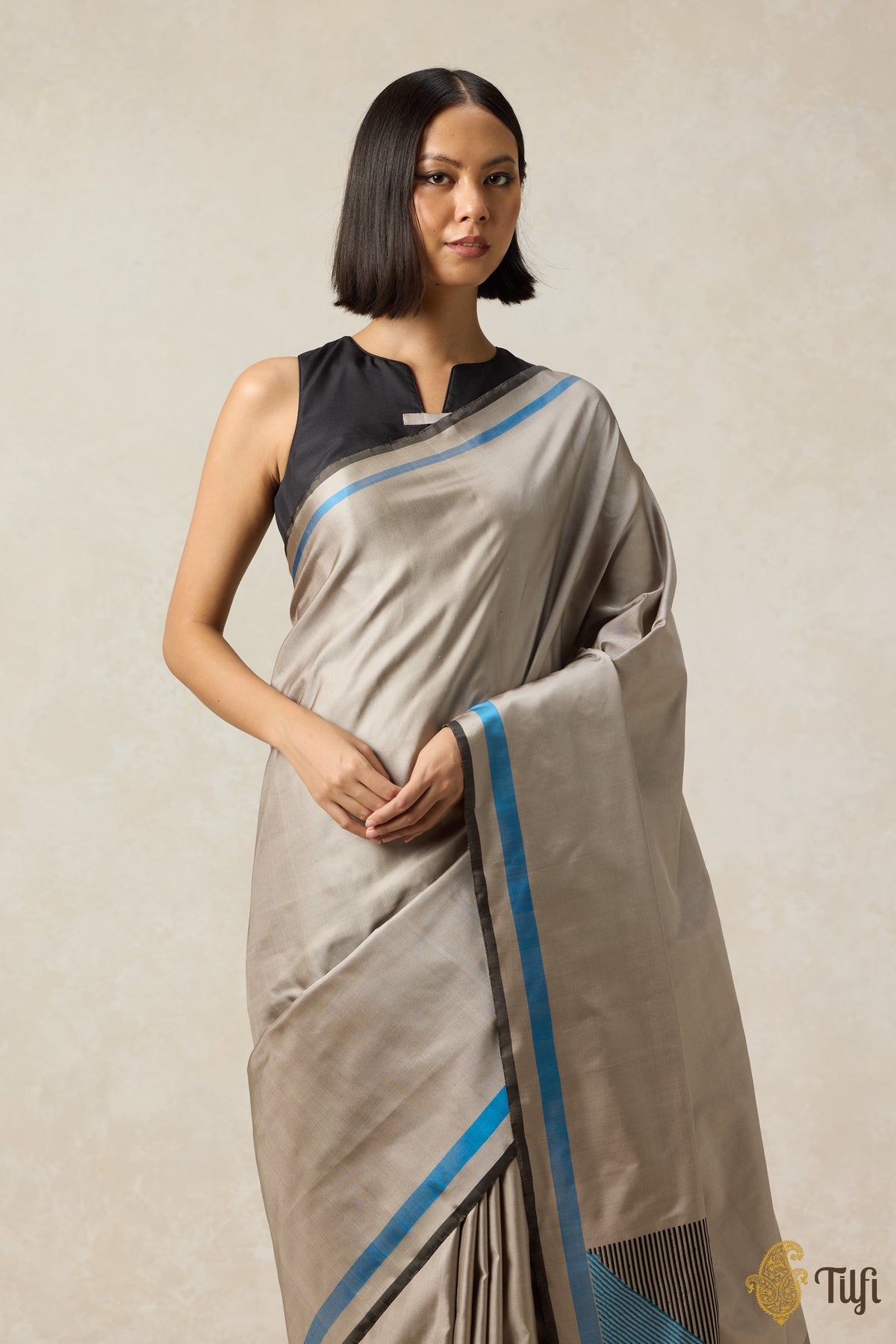 &#39;Adagio&#39; Taupe Grey Pure Silk Twill Banarasi Handloom Saree