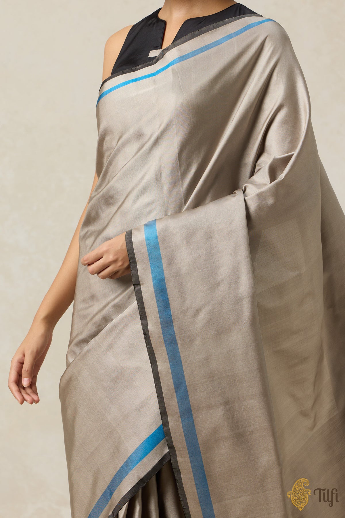 &#39;Adagio&#39; Taupe Grey Pure Silk Twill Banarasi Handloom Saree