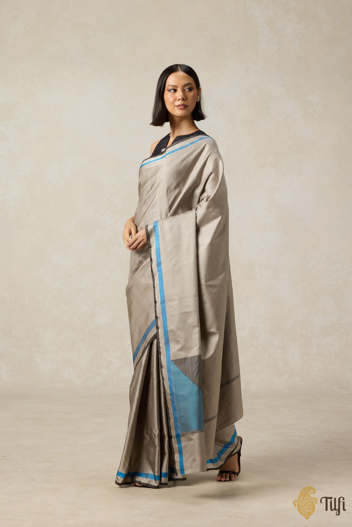 &#39;Adagio&#39; Taupe Grey Pure Silk Twill Banarasi Handloom Saree