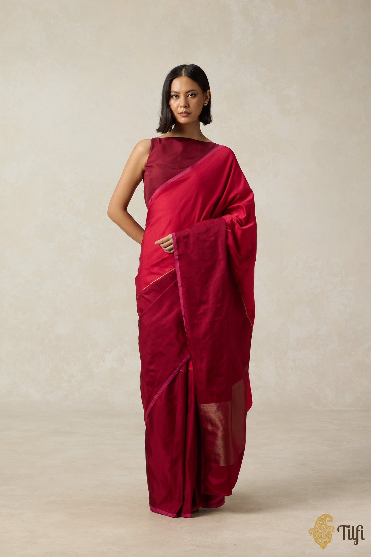 Pre-Order: &#39;Serenade&#39; Red-Maroon Pure Silk Twill Banarasi Handloom Saree