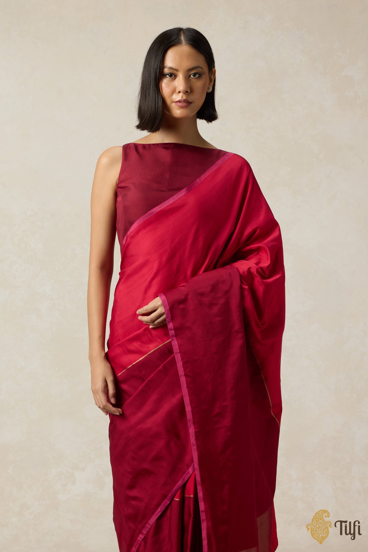 Pre-Order: 'Serenade' Red-Maroon Pure Silk Twill Banarasi Handloom Sar ...