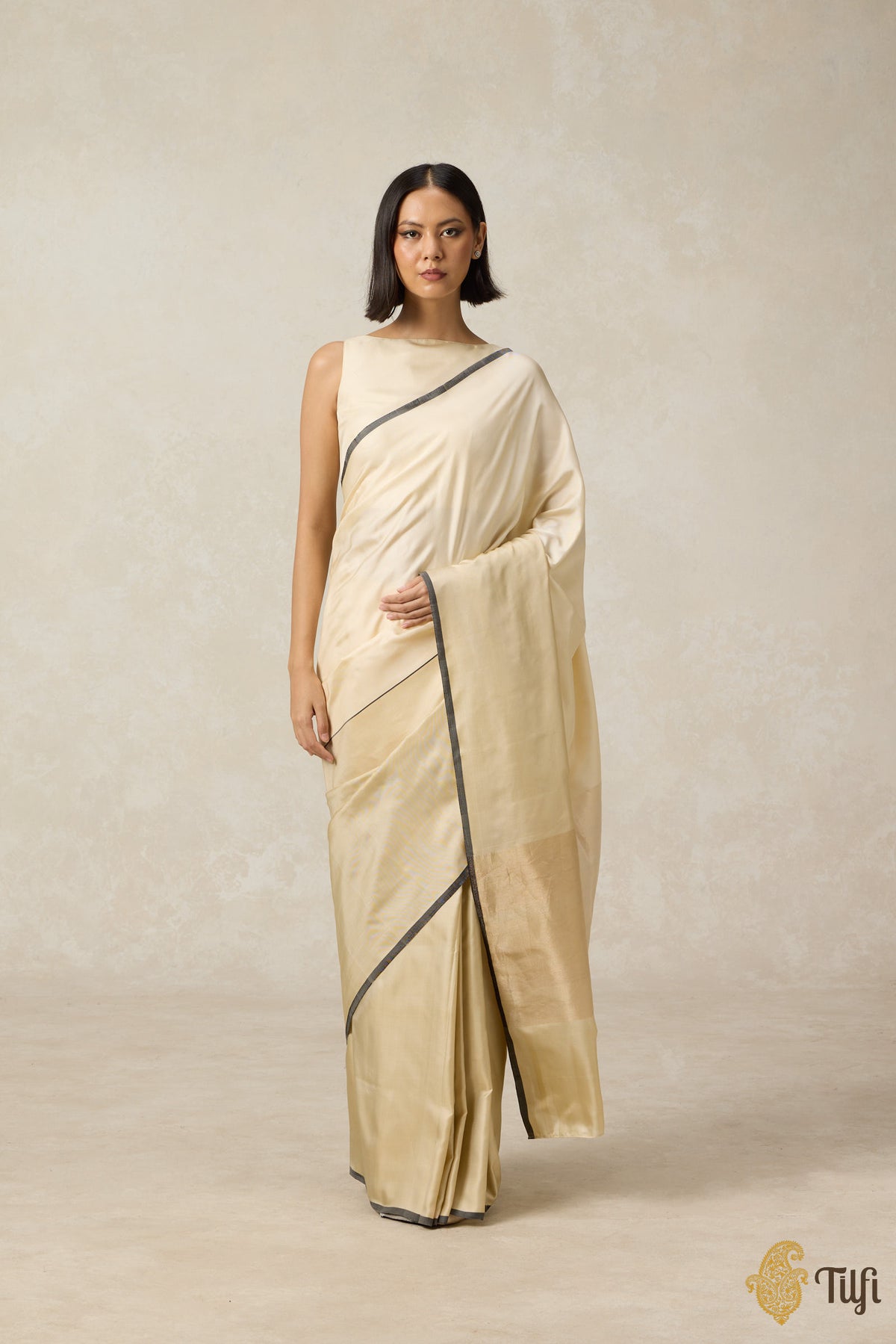 &#39;Serenade&#39; Off White-Gold Pure Silk Twill Banarasi Handloom Saree