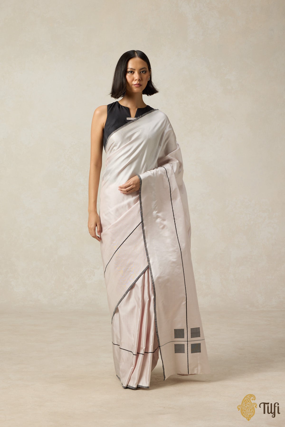 &#39;Ballade&#39; Soft Pink Pure Silk Twill Banarasi Handloom Saree