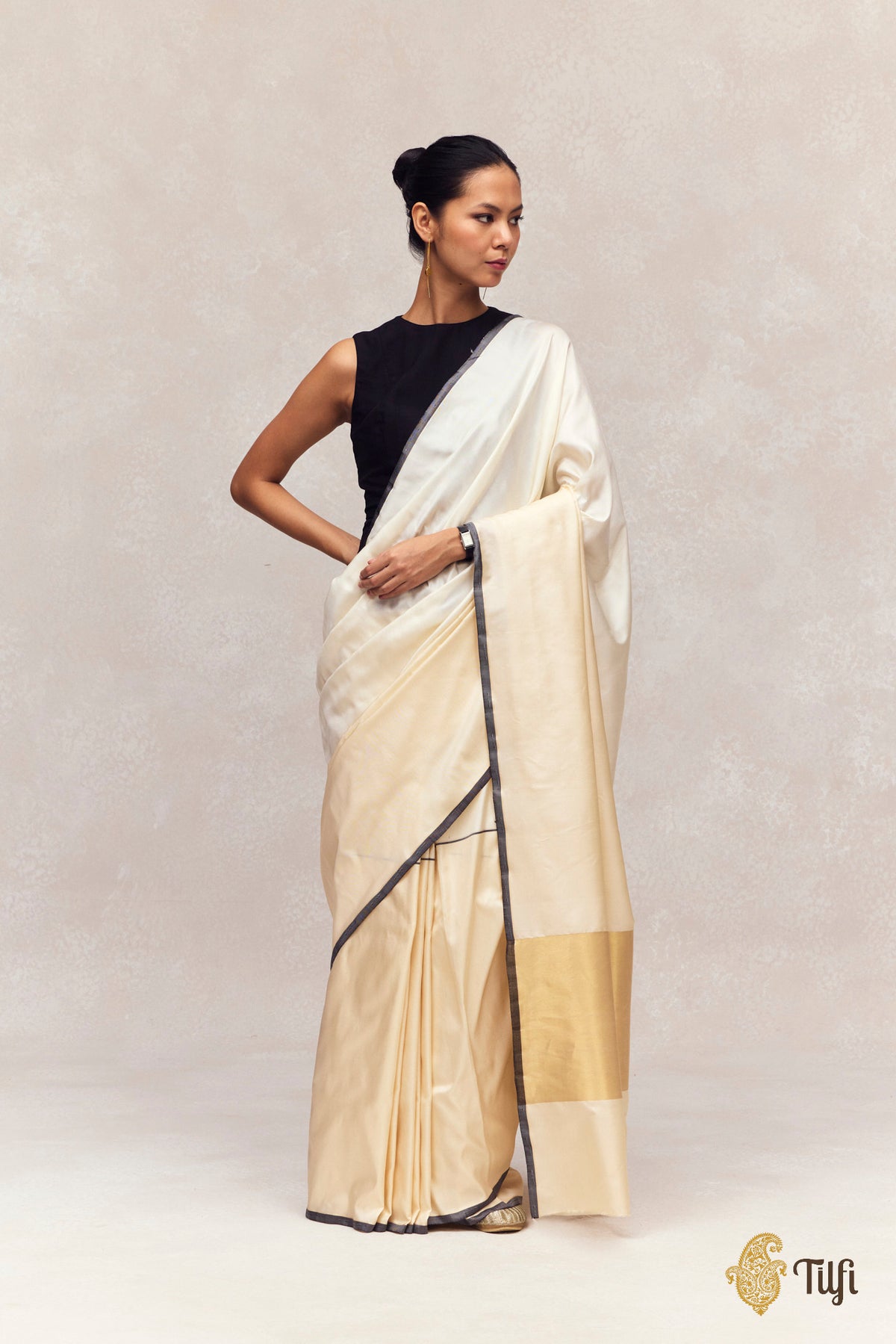 'Serenade' Light Cream Pure Silk Twill Banarasi Handloom Saree