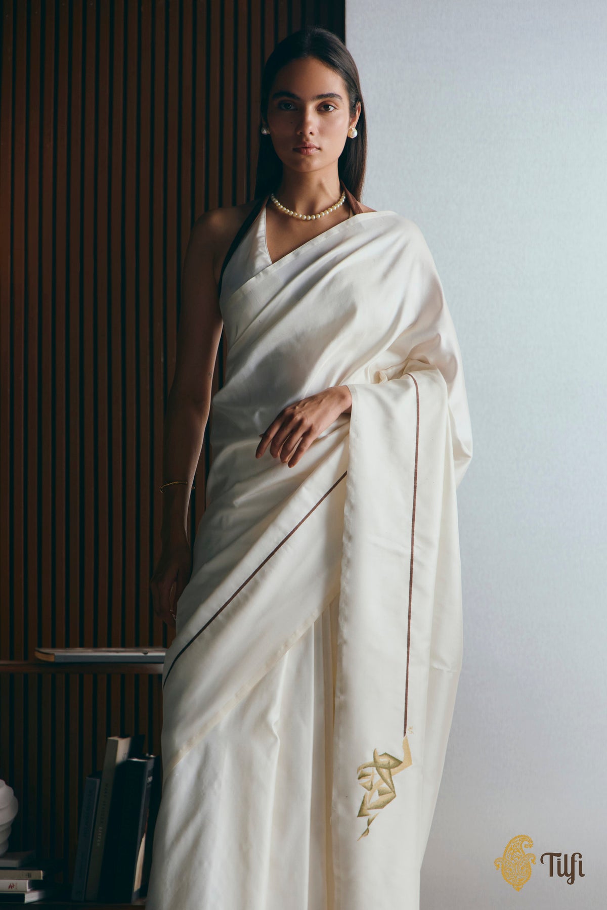 'Natalia' Off White Pure Silk Twill Banarasi Handloom Saree
