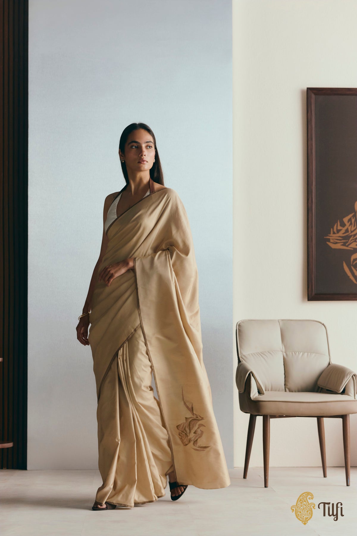 'Alice' Beige Pure Silk Twill Banarasi Handloom Saree