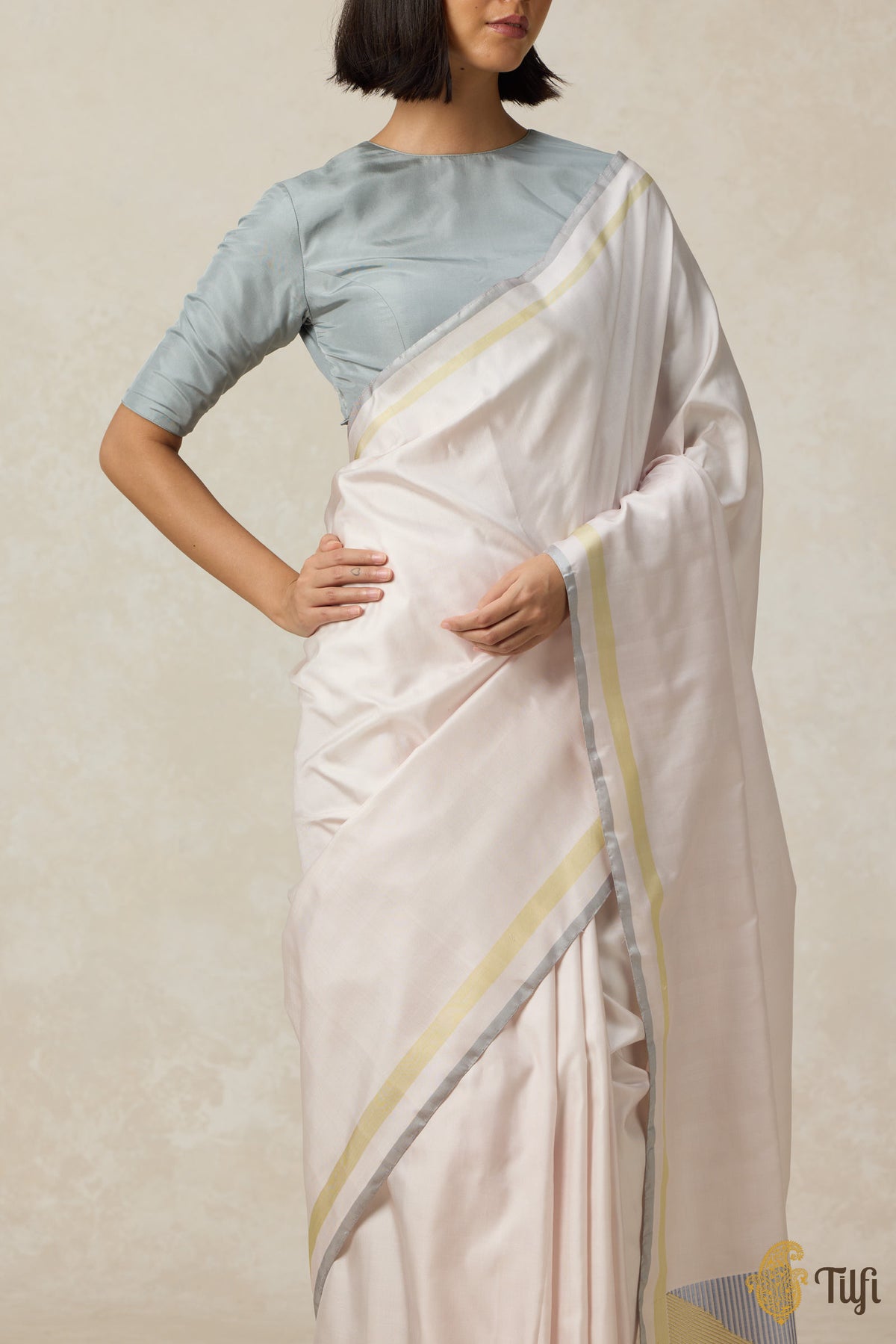 &#39;Adagio&#39; Soft Pink Pure Silk Twill Banarasi Handloom Saree