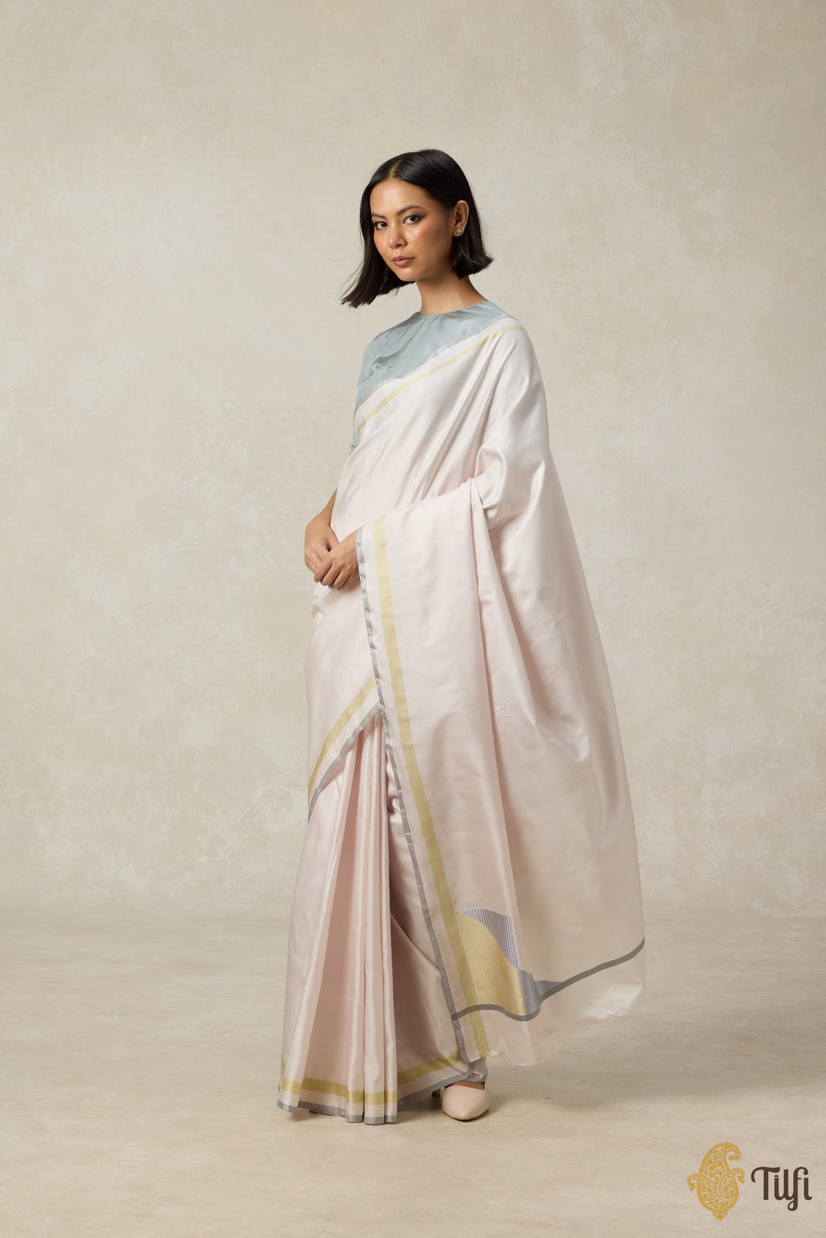 &#39;Adagio&#39; Soft Pink Pure Silk Twill Banarasi Handloom Saree