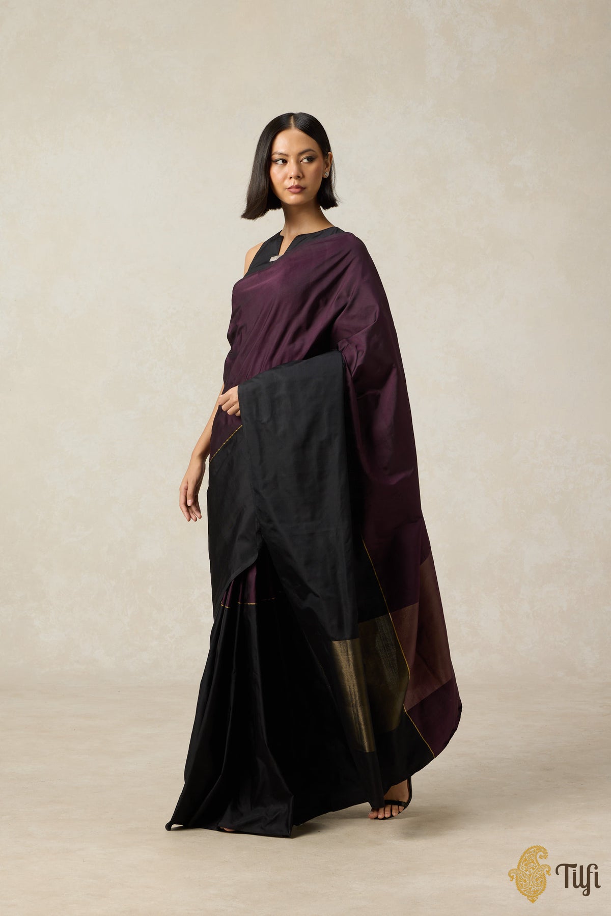 &#39;Serenade&#39; Plum Purple-Black Pure Silk Twill Banarasi Handloom Saree