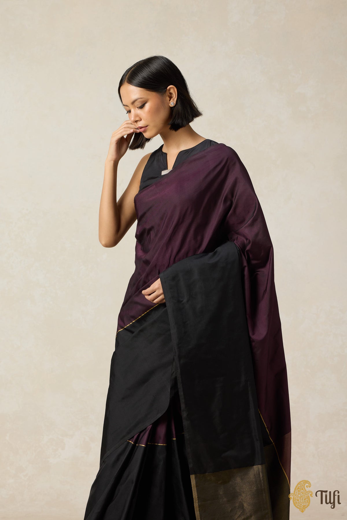 &#39;Serenade&#39; Plum Purple-Black Pure Silk Twill Banarasi Handloom Saree