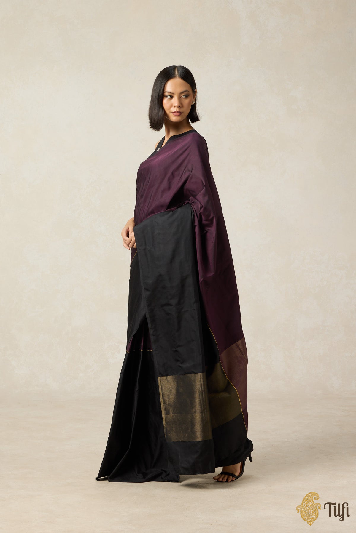 &#39;Serenade&#39; Plum Purple-Black Pure Silk Twill Banarasi Handloom Saree