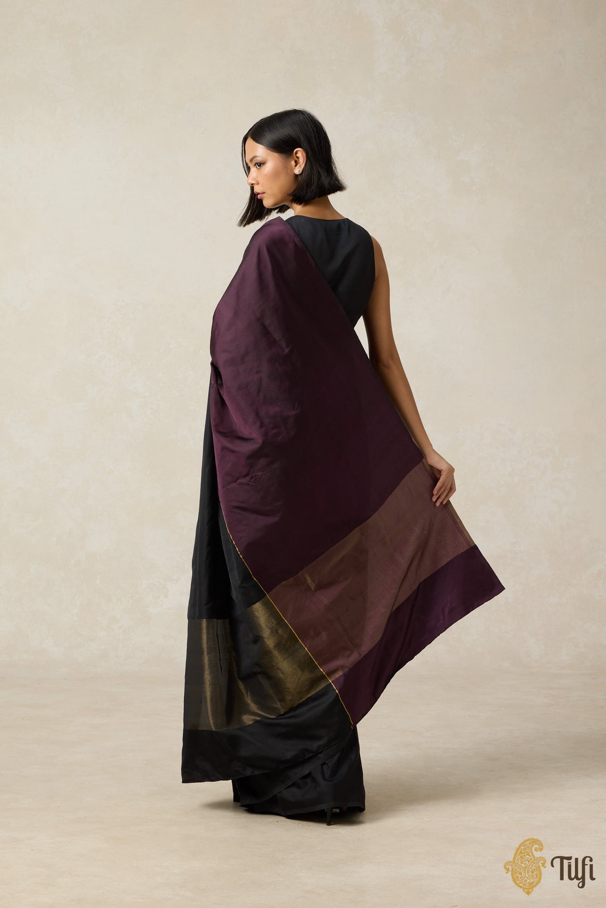 &#39;Serenade&#39; Plum Purple-Black Pure Silk Twill Banarasi Handloom Saree