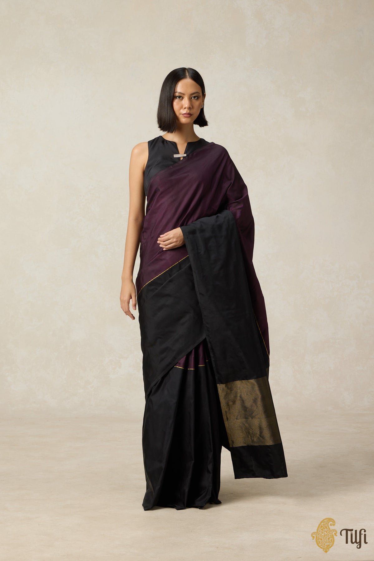 &#39;Serenade&#39; Plum Purple-Black Pure Silk Twill Banarasi Handloom Saree