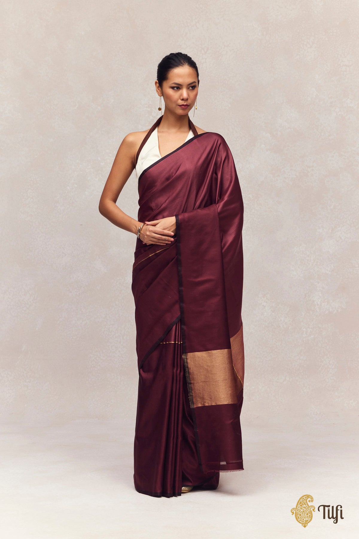 'Serenade' 'Wine-Plum Pure Silk Twill Banarasi Handloom Saree