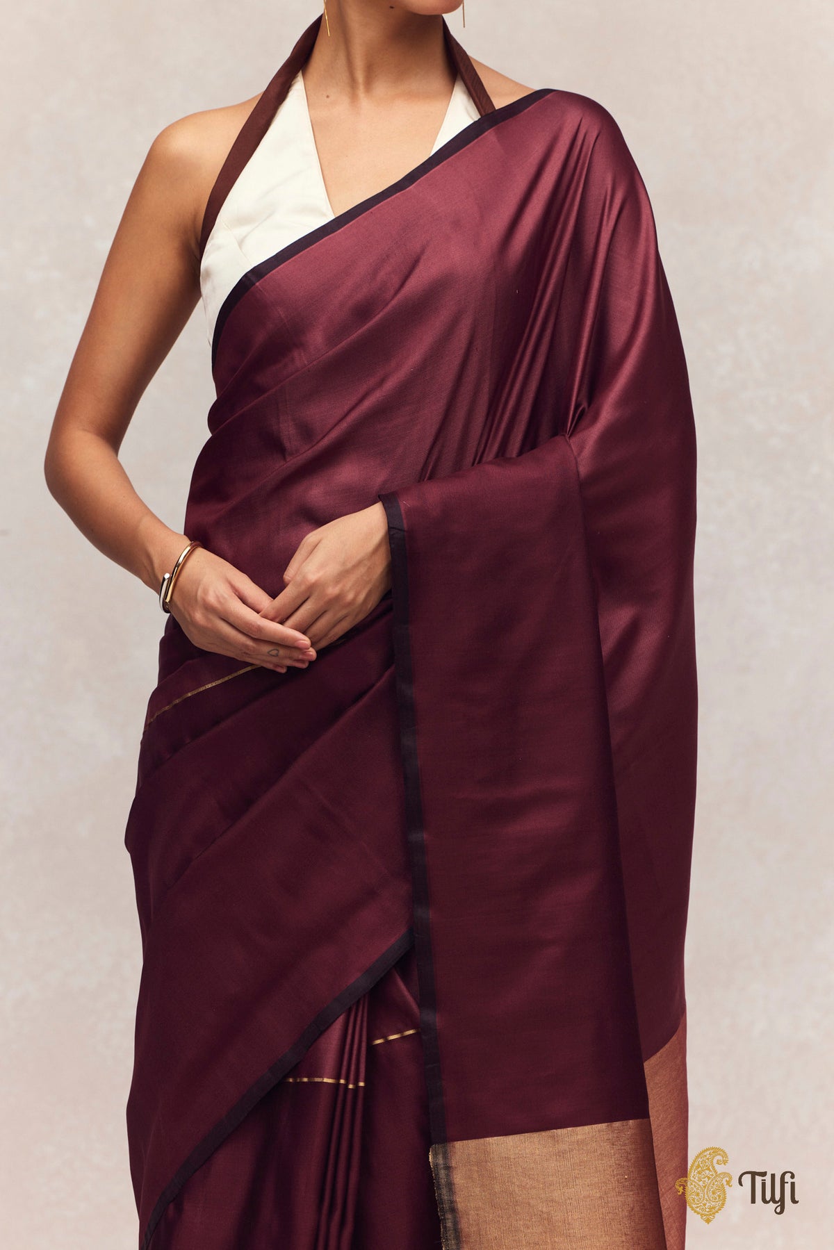 'Serenade' 'Wine-Plum Pure Silk Twill Banarasi Handloom Saree