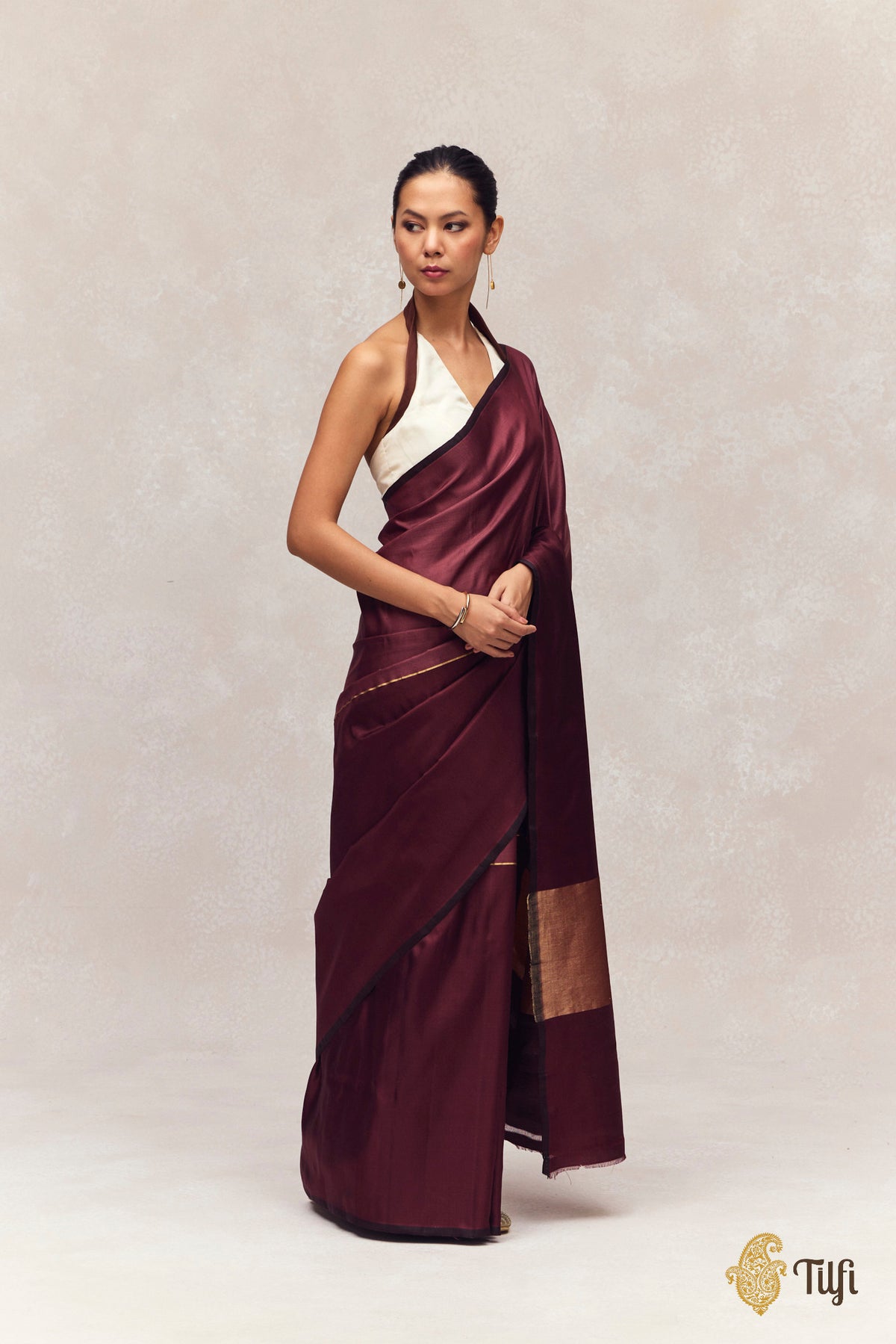 'Serenade' 'Wine-Plum Pure Silk Twill Banarasi Handloom Saree