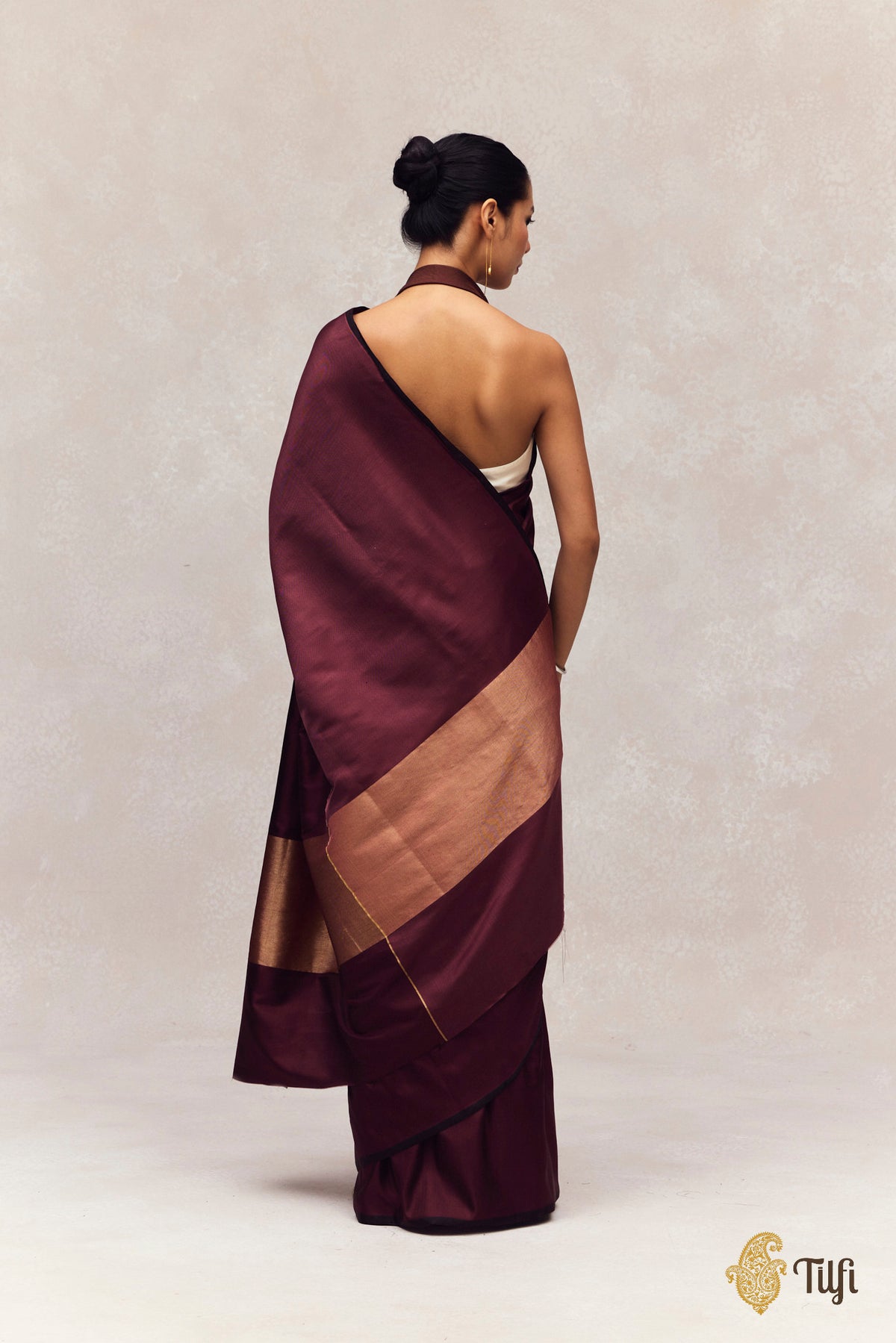 'Serenade' 'Wine-Plum Pure Silk Twill Banarasi Handloom Saree