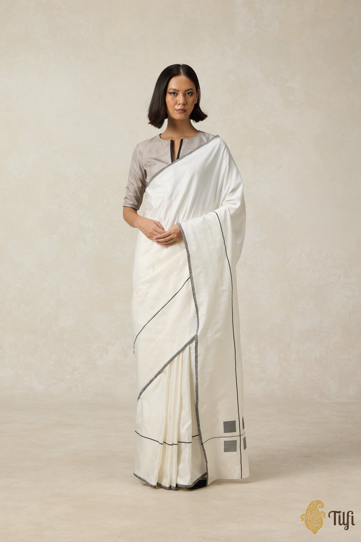 Pre-Order: &#39;Ballade&#39; White Pure Silk Twill Banarasi Handloom Saree