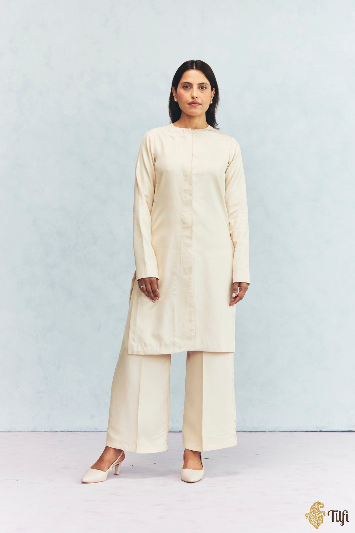 Sand Silk Twill Hand-Embroidered Overlay with Off-white Kurta Set