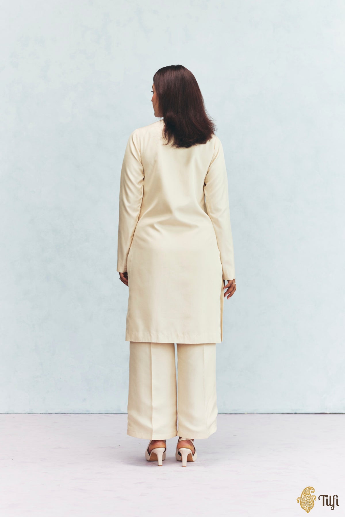 Sand Silk Twill Hand-Embroidered Overlay with Off-white Kurta Set