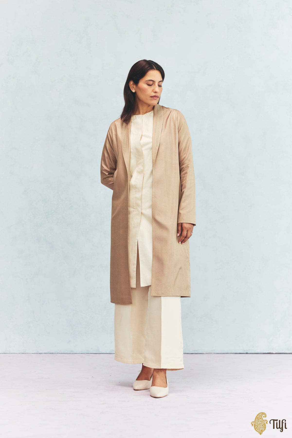 Sand Silk Twill Hand-Embroidered Overlay with Off-white Kurta Set