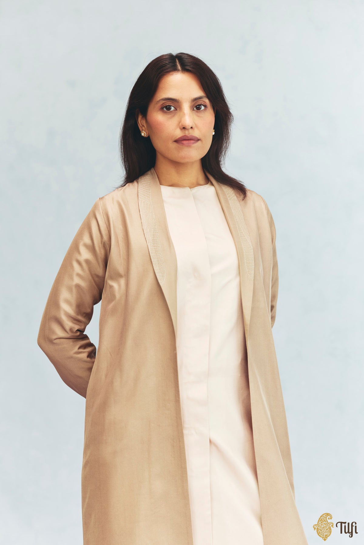 Sand Silk Twill Hand-Embroidered Overlay with Off-white Kurta Set