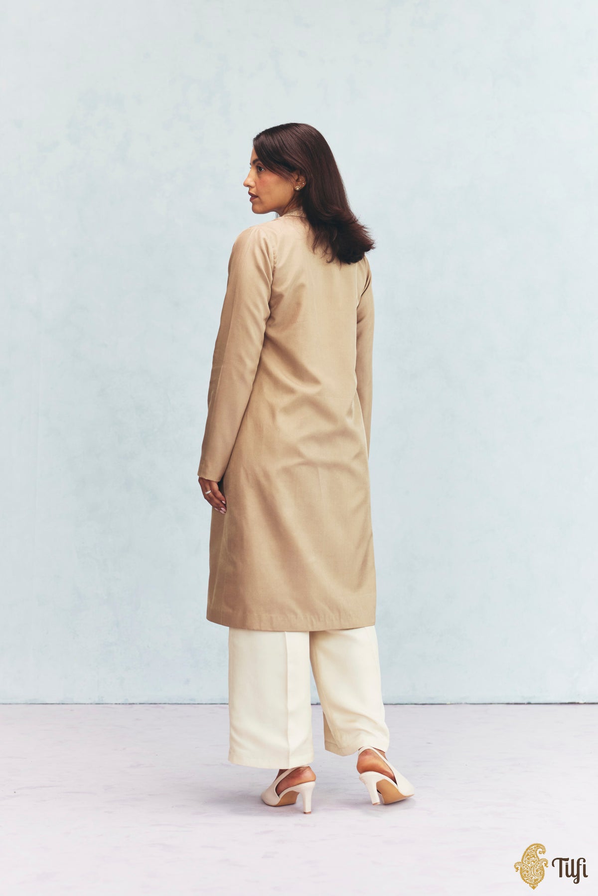 Sand Silk Twill Hand-Embroidered Overlay with Off-white Kurta Set