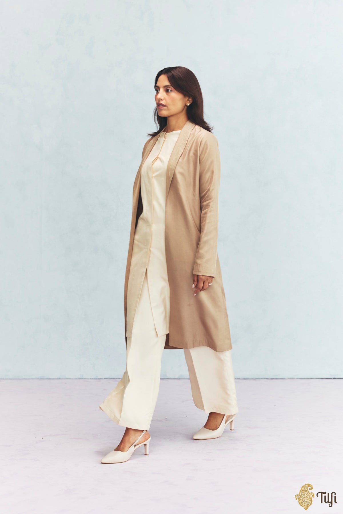 Sand Silk Twill Hand-Embroidered Overlay with Off-white Kurta Set