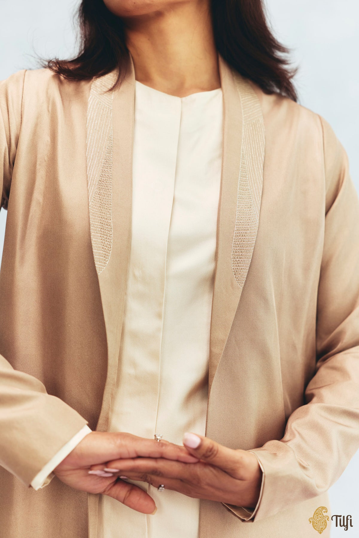 Sand Silk Twill Hand-Embroidered Overlay with Off-white Kurta Set