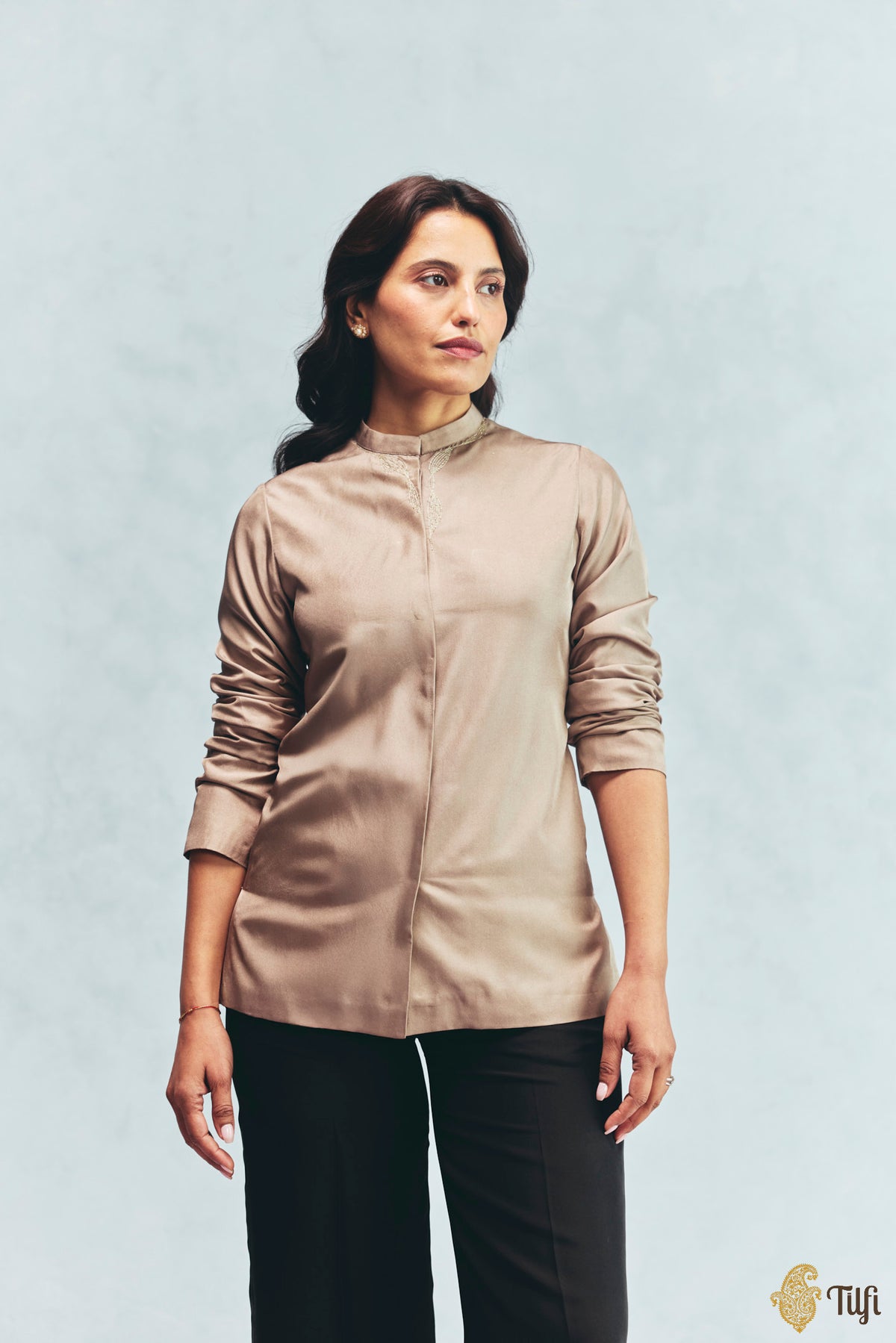 Black Silk Twill Hand Embroidered Overlay with Taupe Shirt and Pant Set