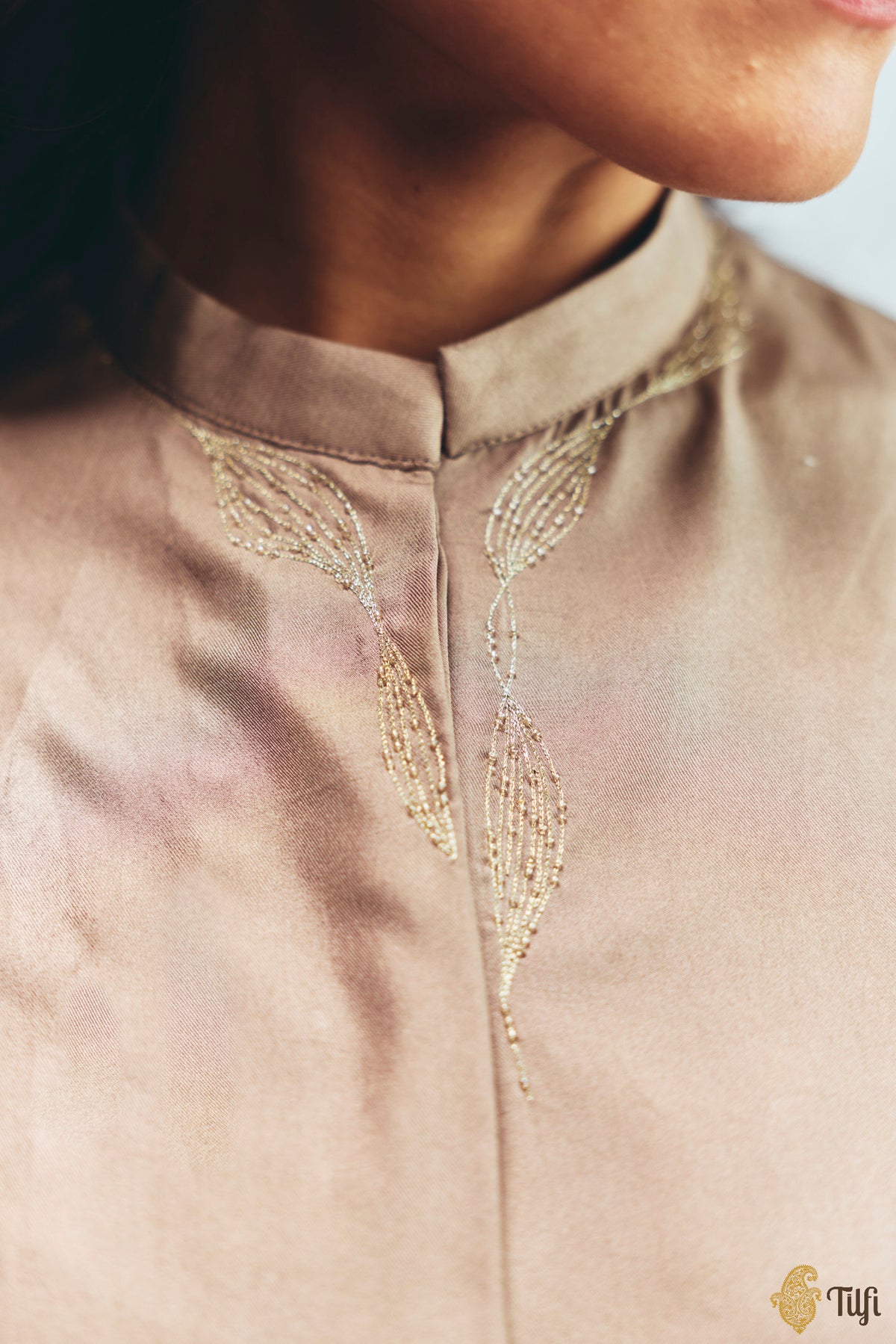 Black Silk Twill Hand Embroidered Overlay with Taupe Shirt and Pant Set