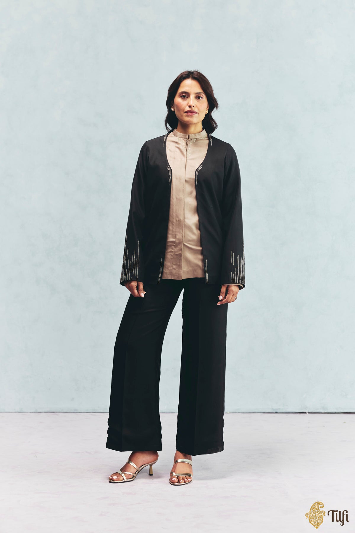 Black Silk Twill Hand Embroidered Overlay with Taupe Shirt and Pant Set