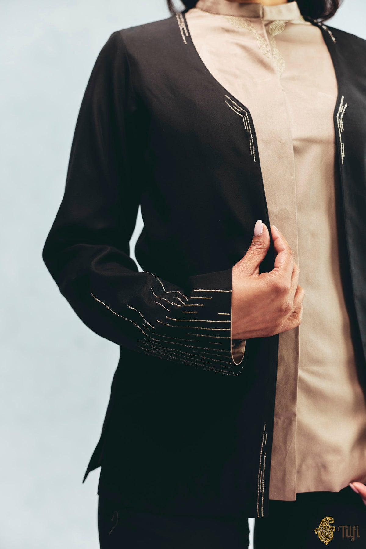Black Silk Twill Hand Embroidered Overlay with Taupe Shirt and Pant Set
