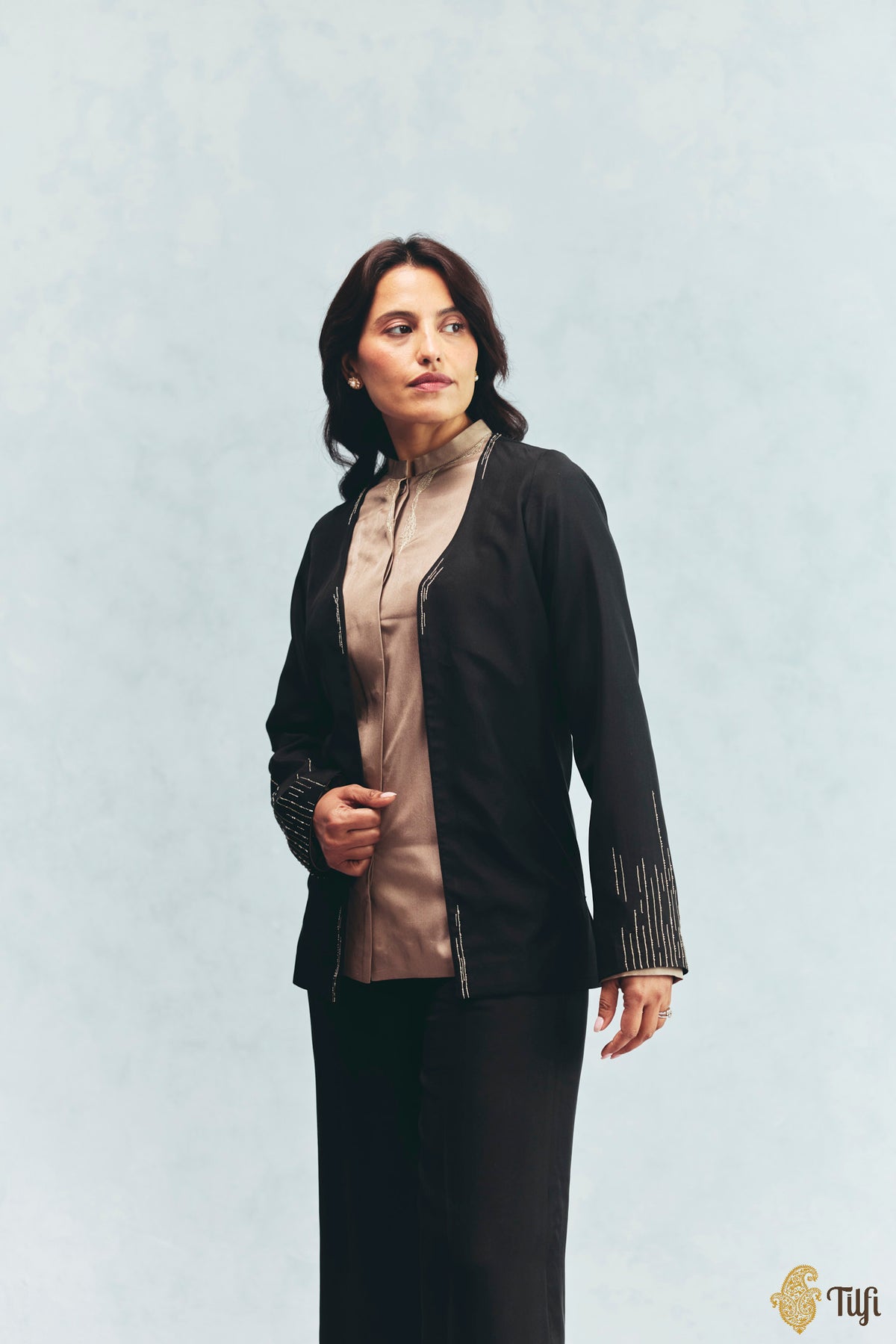 Black Silk Twill Hand Embroidered Overlay with Taupe Shirt and Pant Set