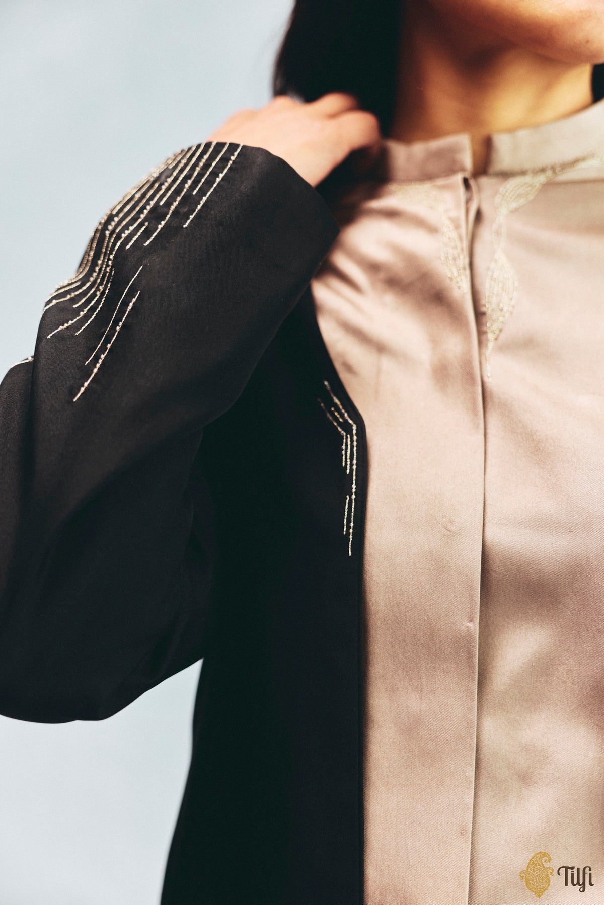 Black Silk Twill Hand Embroidered Overlay with Taupe Shirt and Pant Set