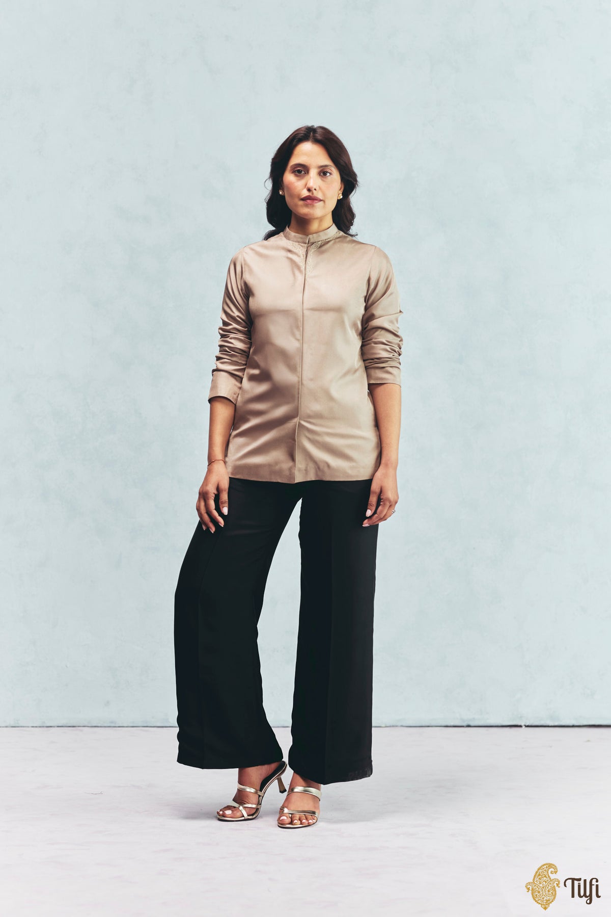 Black Silk Twill Hand Embroidered Overlay with Taupe Shirt and Pant Set