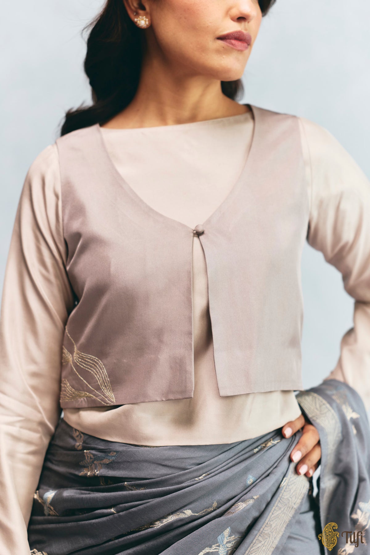 Grey Silk Twill Hand Embroidered Jacket with Beige Full Sleeve Blouse