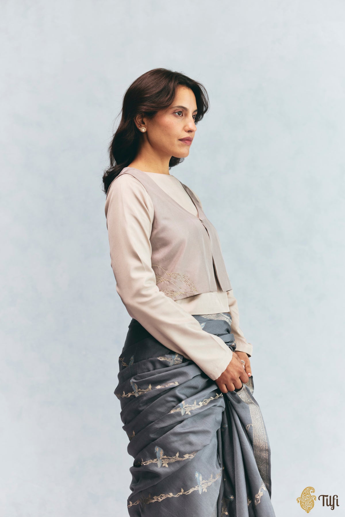 Grey Silk Twill Hand Embroidered Jacket with Beige Full Sleeve Blouse